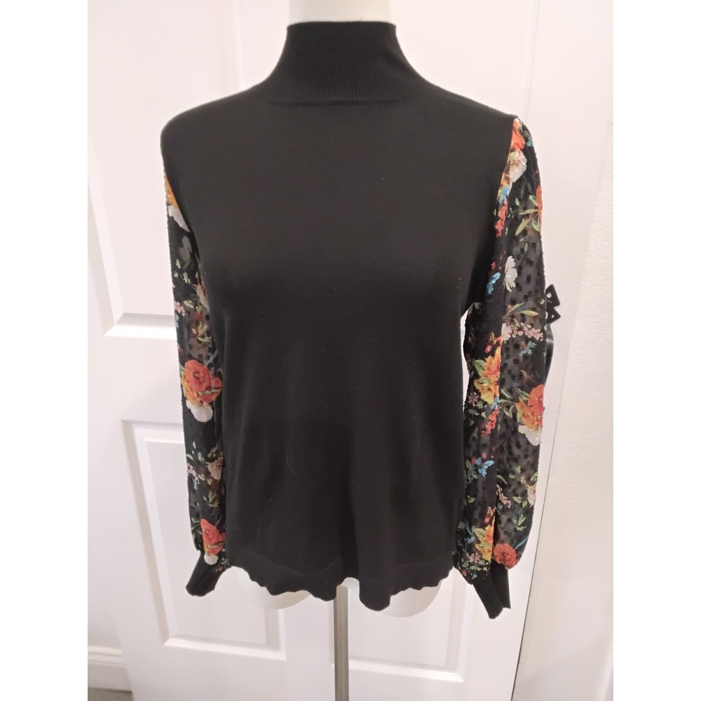 89th Madison Black Mock Neck Floral Puff Sleeve Sweater Top Women's S